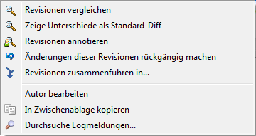 Kontextmenü des Log-Dialogs für zwei ausgewählte Revisionen