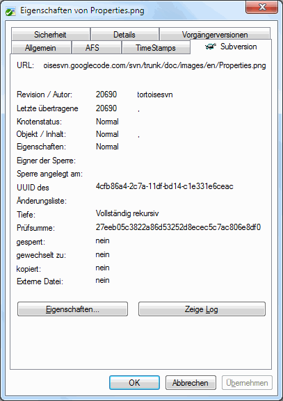 Explorer-Eigenschaftsseite, Subversion-Tab
