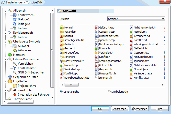 Der Einstellungsdialog, Symbolauswahl