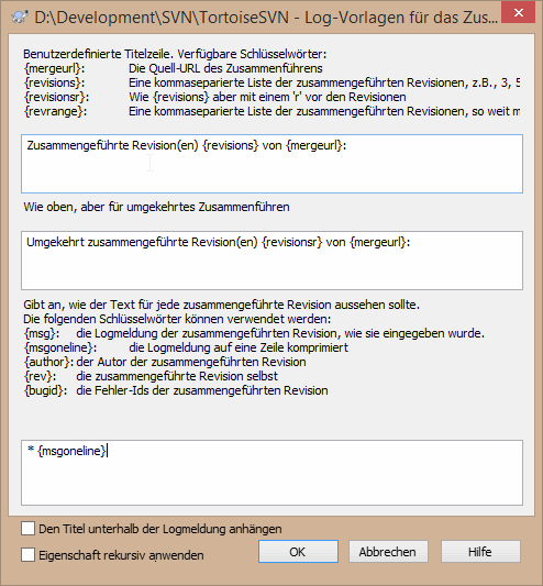 Eigenschaftsdialog Vorlage für Zusammenführen-Log